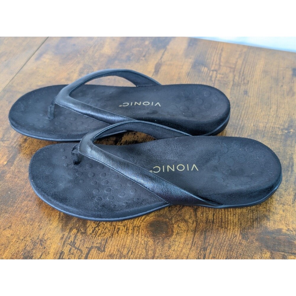 VIONIC | Dillon Toe Post Sandals Black Patent Thong Flip Flop for Women | 8